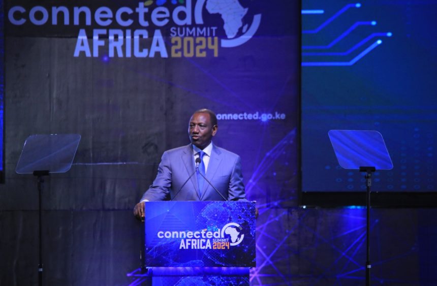 President William Ruto speaks during the official opening ceremony of the Connected Africa Summit 2024 at Uhuru Gardens